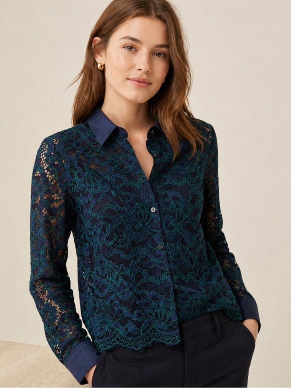 J.Crew Lace Button-Down Top Navy Green Floral Lace Blouse | Size 6